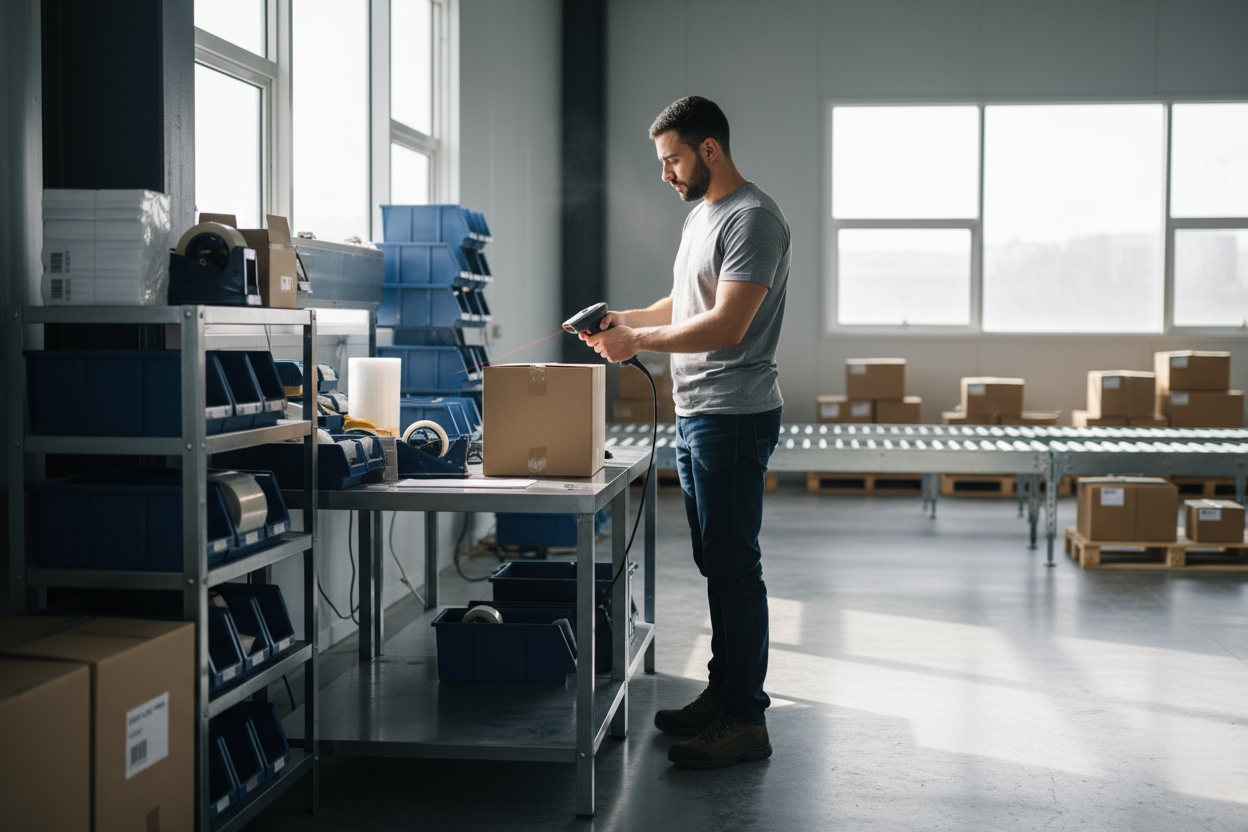 Man or women shipping or scanning a package to ship